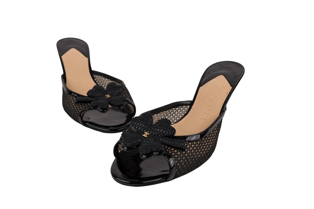 Chanel Black Camellia Peep-Toe Kitten Heel Mules Mesh Patent Leather Gold Hardwa